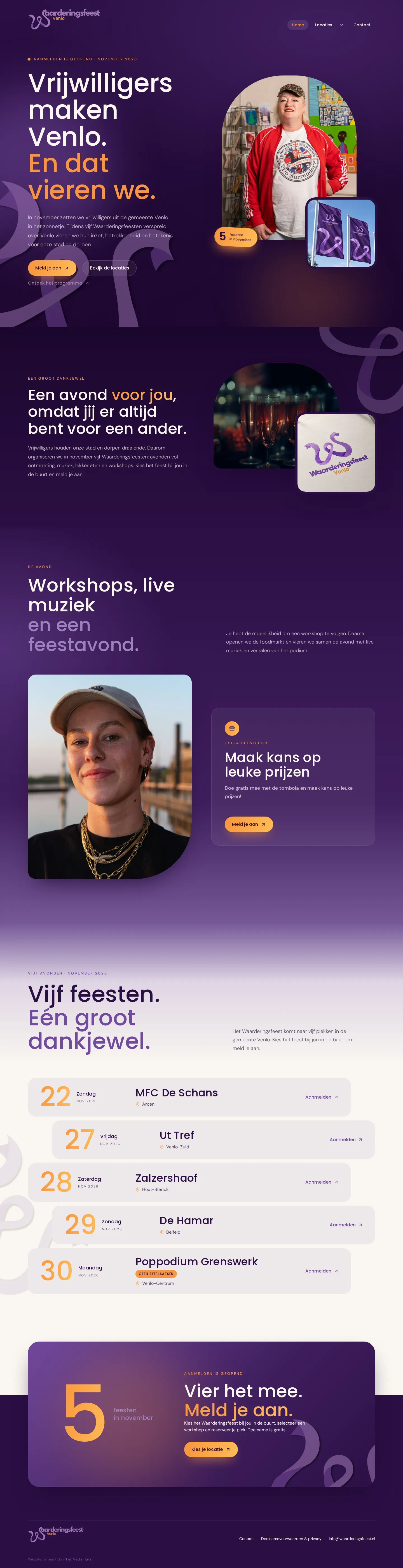 Volledige homepage van Waarderingsfeest op desktop